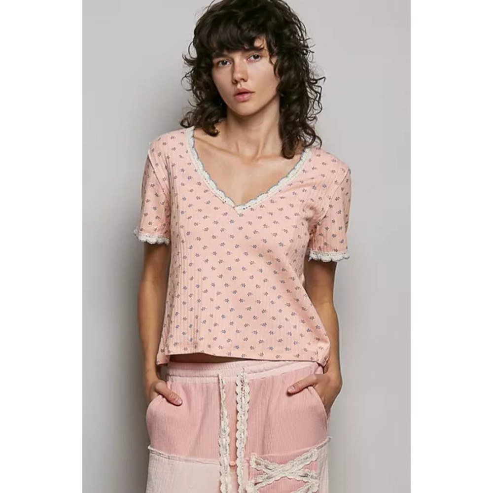 POL Floral V-Neck Short Sleeve Rib T-Shirt